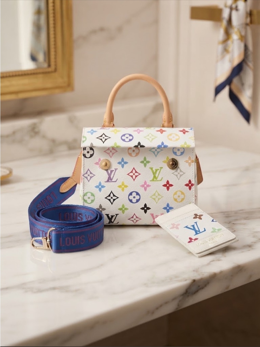 White Multicolor Crossbody/Handbag with Blue Strap and Card Holder